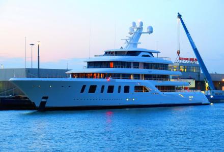 Feadship Aquarius leaving Rotterdam for her North Sea trials