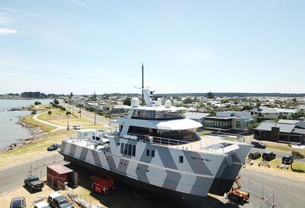 The 39.5 meter tri-deck catamaran The Beast is launched