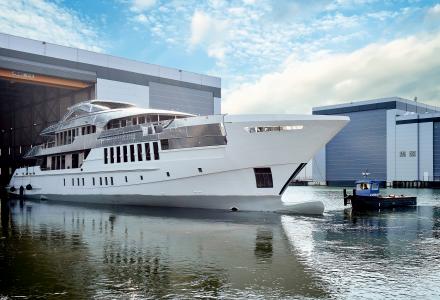 Hull and superstructure of 55m Project Pollux joined together at Heesen
