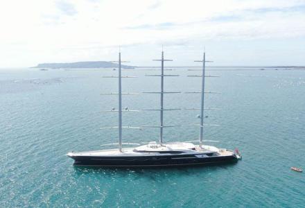 The world’s largest sailing superyacht Black Pearl seen in Portland Harbour