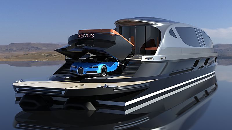 New Design Concept High Speed 40m Yacht Xenos With Bugatti Supercar Yacht Harbour