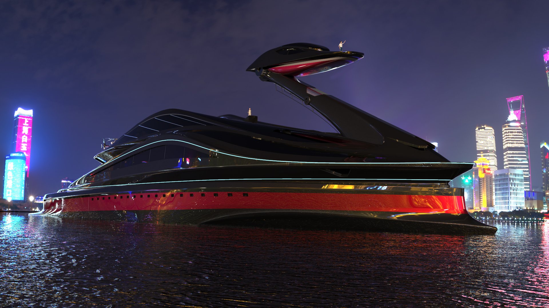 A sleek luxury yacht with a black matte finish on Craiyon